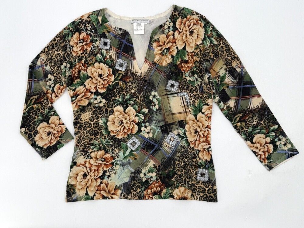 Alberto Makali Shirt Womens Medium Blouse Green Floral Long Sleeve Pullover